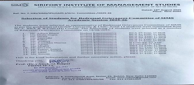 Selection of Students for SIMS Grievance Redressal Committee